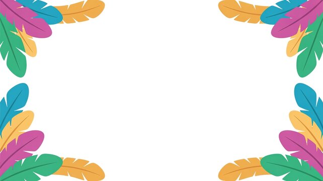 Colorful carnival feathers frame on white background. Decorative festival border illustration with copy space. Mardi Gras party template