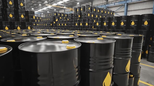 Stacks of black oil barrels in warehouse