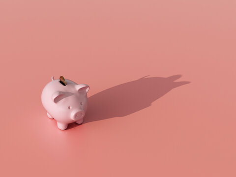 Piggy bank with coin casting shadow on pink background symbolizing finance