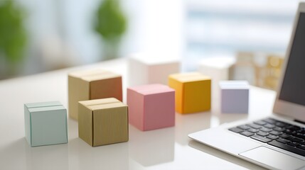 Modern E-commerce and Gifting Concept: Pastel Gift Boxes and Laptop on White Marble Desk in Bright Office.