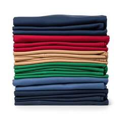 Stack of folded microfiber cloths in various colors isolated on white background