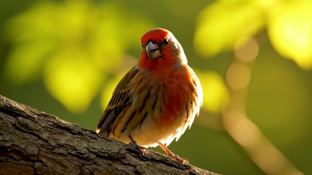 Beautiful red house finch preening feathers on a tree branch in bright sunlight surrounded by nature's green foliage