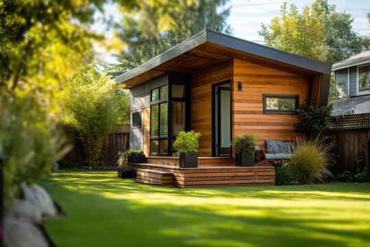 Suburban tiny home with nature around, cozy exterior and efficient design