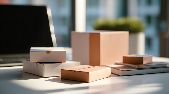 Modern E-commerce and Gifting Concept: Pastel Gift Boxes and Laptop on White Marble Desk in Bright Office.