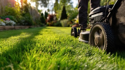 Sunlit backyard lawn being mowed by a traditional mower in a quiet suburban yard