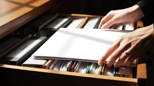 Person organizing files in a drawer