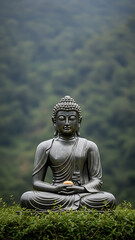Obraz premium Serene Buddha statue sitting meditatively outdoors surrounded by lush greenery and foliage in a peaceful environment (35)