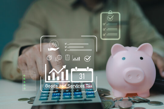 Business professional calculating goods and services tax with digital finance interface,highlighting tax compliance,financial planning,income reporting,savings management, corporate fiscal strategy.