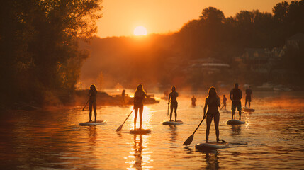 Fototapeta premium People paddleboarding on a serene lake at sunset with misty atmosphere