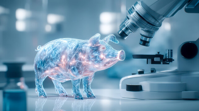 Digital model of pig anatomy under a microscope in a modern laboratory, biotechnology, genetic research