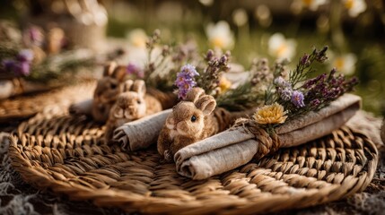 Obraz premium Charming Easter Bunny Napkin Rings Adorned with Delicate Spring Florals on a Woven Placemat