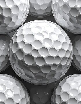 Group of white textured golf balls stacked closely together in an artful arrangement creating light and shadow