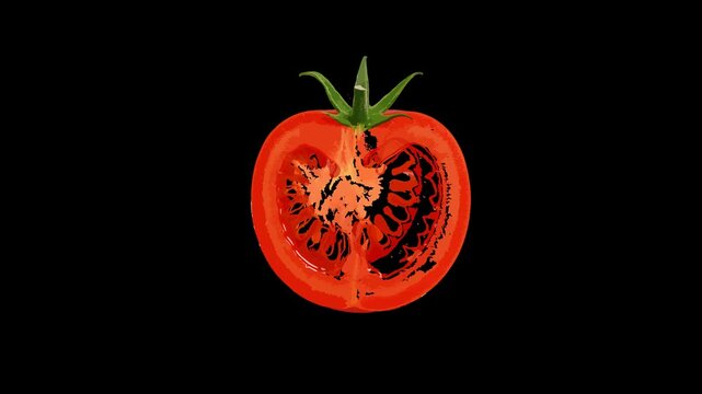 Hand Drawn Tomato Half With Green Stem On Black Background