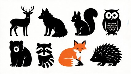 Fototapeta premium Cute flat animal silhouettes set including deer wolf squirrel owl bear raccoon fox hedgehog,modern minimal wildlife icon collection for design and illustration