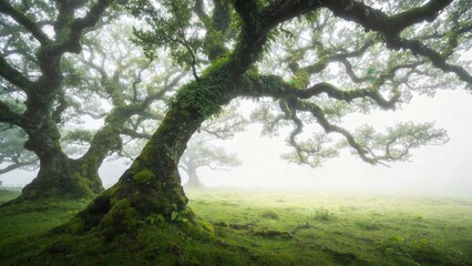 Obraz premium Ancient moss covered trees in misty forest landscape,enchanted nature scenery with fog,tranquil atmosphere,old growth woodland,environmental conservation and natural beauty concept