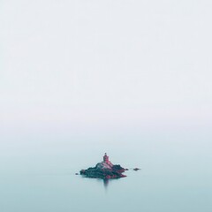 Naklejka premium A solitary lighthouse stands sentinel on a small, rocky islet, bathed in muted pastel hues, amidst a serene expanse of water, evoking a sense of tranquility and isolation.