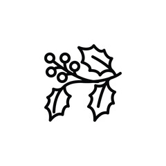 Simple black and white line drawing of a holly branch with berries