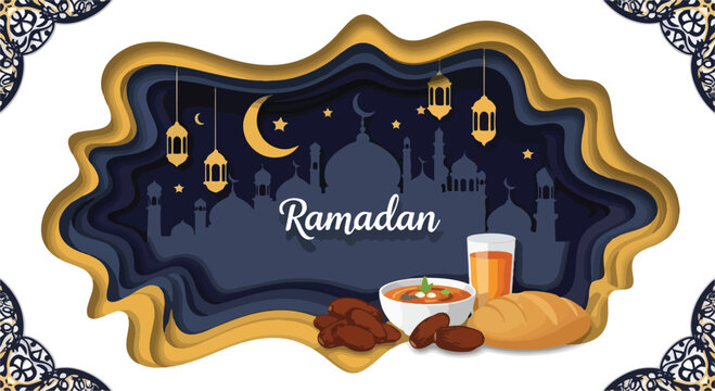 Flat lay graphic design celebrating Ramadan and Idul Fitri with traditional food, drink, and lanterns on a decorative plate against a clean white background with a joyful and festive mood.
