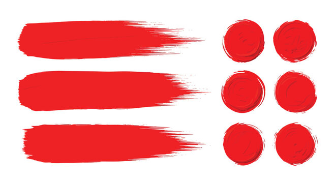 Set of bright red brush strokes and circular paint marks for dynamic design elements