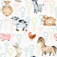 Watercolor vector farm seamless pattern with animals. Cute cartoon characters.