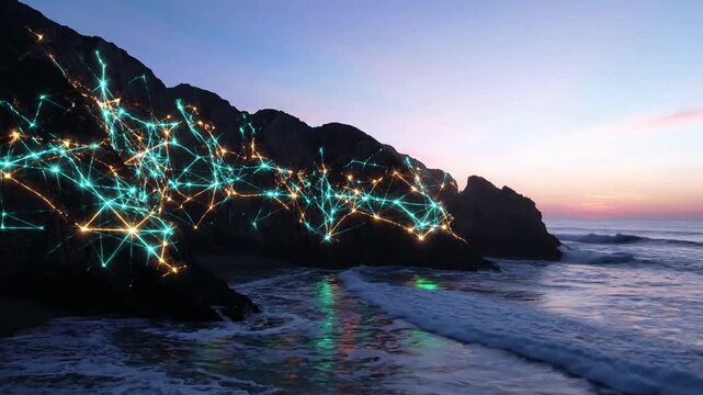 Pulsating Shoreline Art A serene coastal scene where dynamic, light-emitting geometric shapes interact with natural elements.