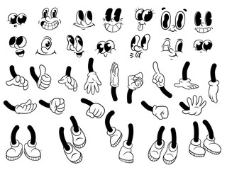 Collection of vintage cartoon style faces, hand gestures, and feet poses in classic rubber hose animation style. © kang