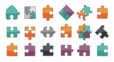 Naklejka premium Collection of Various Colored Jigsaw Puzzle Pieces.