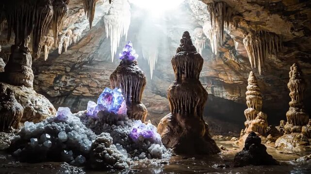 Glowing Rock Strata Dolly shot across ancient rock layers, emphasizing how the top-down light accentuates the natural contours and makes them appear to glow.