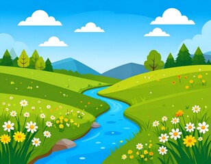 Fototapeta premium Cartoon landscape bright blue stream flowing through grassy hills dotted with flowers under a sunny sky and clouds