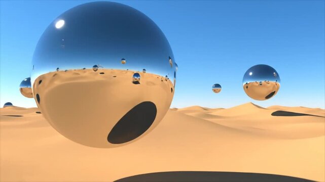 Sandy dunes with reflective spheres in a desert landscape, a surreal environment viewed from a low angle.