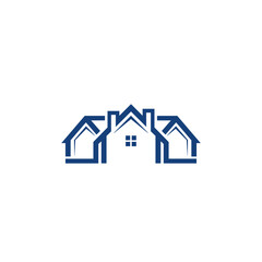 Fototapeta premium A minimalist blue logo featuring three stylized house outlines, with the central house being larger and more prominent, representing real estate or community.