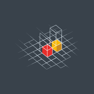 Isometric grid with red and yellow cubes and wireframe structures on a dark background.