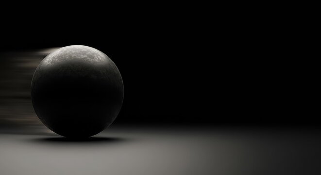 A heavy, dark sphere maintains rapid forward motion across a smooth, empty surface, illustrating unstoppable force and physical momentum ,motion ,progress ,moving