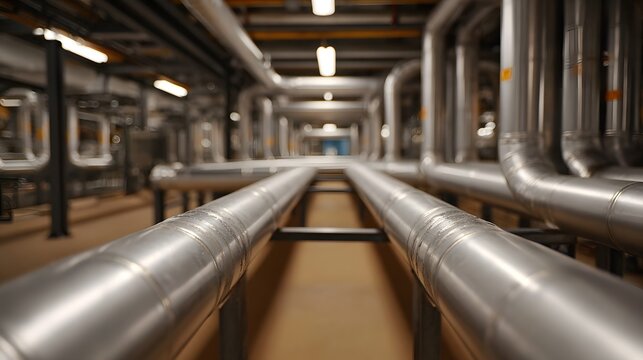 Industrial corridor stretching into the distance filled with parallel rows of large gleaming steel pipes and conduits