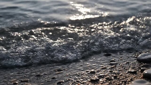Sun-Dappled Lake Lapping Warm afternoon sunlight glinting off the surface of a lake or pond as small waves gently lap against the shore, creating dancing, shimmering light patterns that shift and