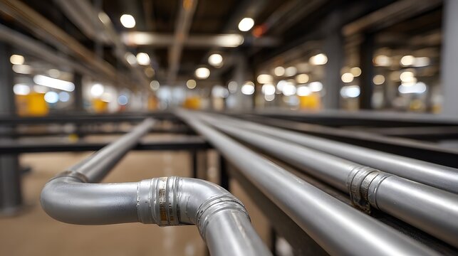 Industrial metal pipes form a complex network overhead with blurred lights and hinery in the background