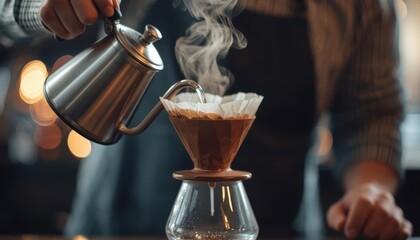 Coffee being poured from a coffee pot into a glass