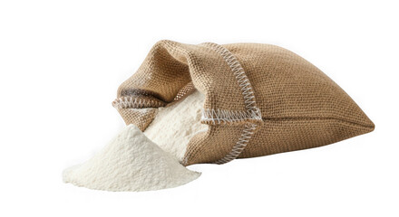 Brown burlap sack with white powder spilling out on white background transparent background