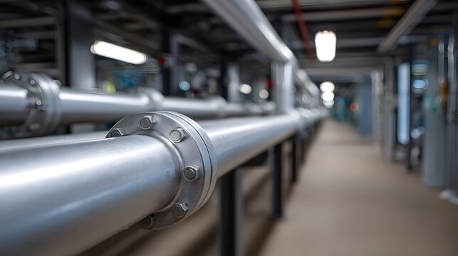 Industrial corridor with prominent silver pipes flanges and bolts in a clean modern facility