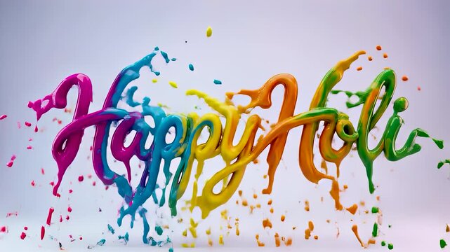 Multicolor liquid paint splashing to form Happy Holi typography text. Colorful water explosion revealing 3D holiday greeting on white background. Abstract festival of colors design for celebration.