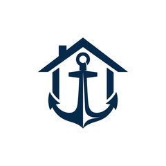 A stylized navy blue house icon with an anchor inside, symbolizing maritime real estate or nautical home. © Syaiin