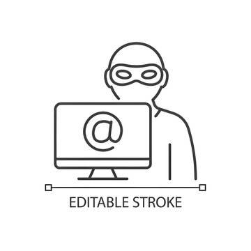 Alias linear icon. Stealing identity online. Malicious activity. Cybercrime. Thin line customizable illustration. Contour symbol. Vector isolated outline drawing. Editable stroke. Arial font used