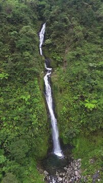 Aerial footage of the Curug Cikawah waterfall in Mount Halimun Salak National Park, Indonesia, provides a stunning natural landscape for visual tourism and touristy.