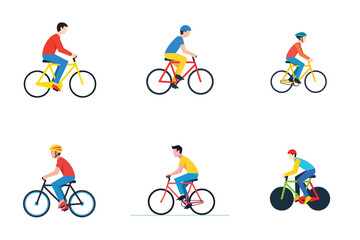 Vector illustration set of a person riding a bicycle alone, flat design, minimalist shapes, no outline, bright color palette