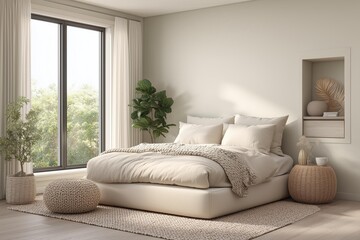 Fototapeta premium Minimalist Bedroom with Platform Bed and Plants