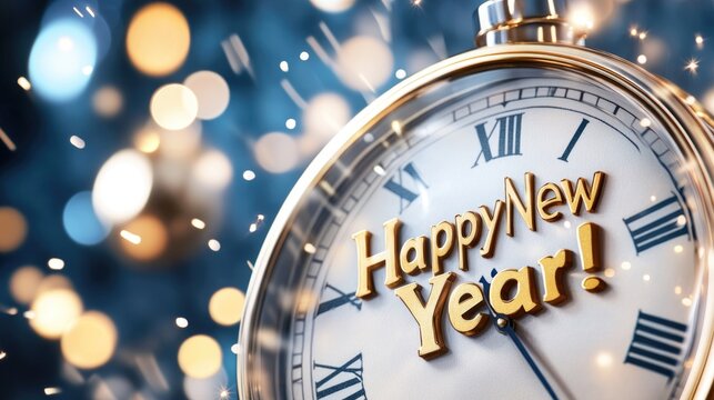 Antique clock with happy new year message against a festive glittering background