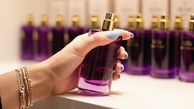 Hand holding purple perfume bottle
