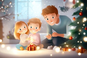 Fototapeta premium Family celebrating christmas, joyful children with dad by decorated tree, warm holiday atmosphere