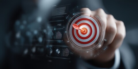 Fototapeta premium Corporate Finance Action Plan With Target Bullseye, Highlighting Sustainability Metrics, Profitability, And Resilient Digital Monitoring For Long Term Success