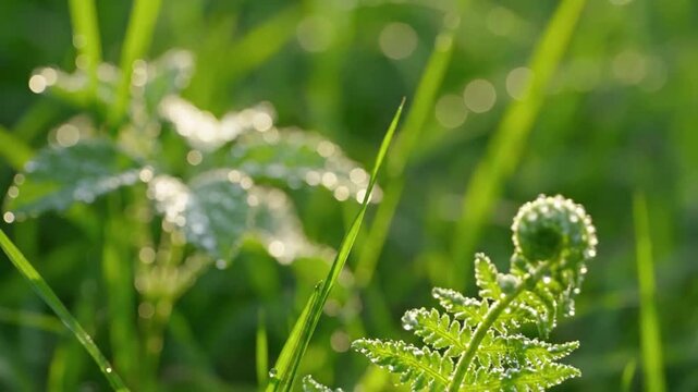 Subtle Botanical Sway Close-up of slender plant stems or grass blades gently swaying in a barely perceptible breeze, emphasizing the ethereal edge glow from diffracted light.